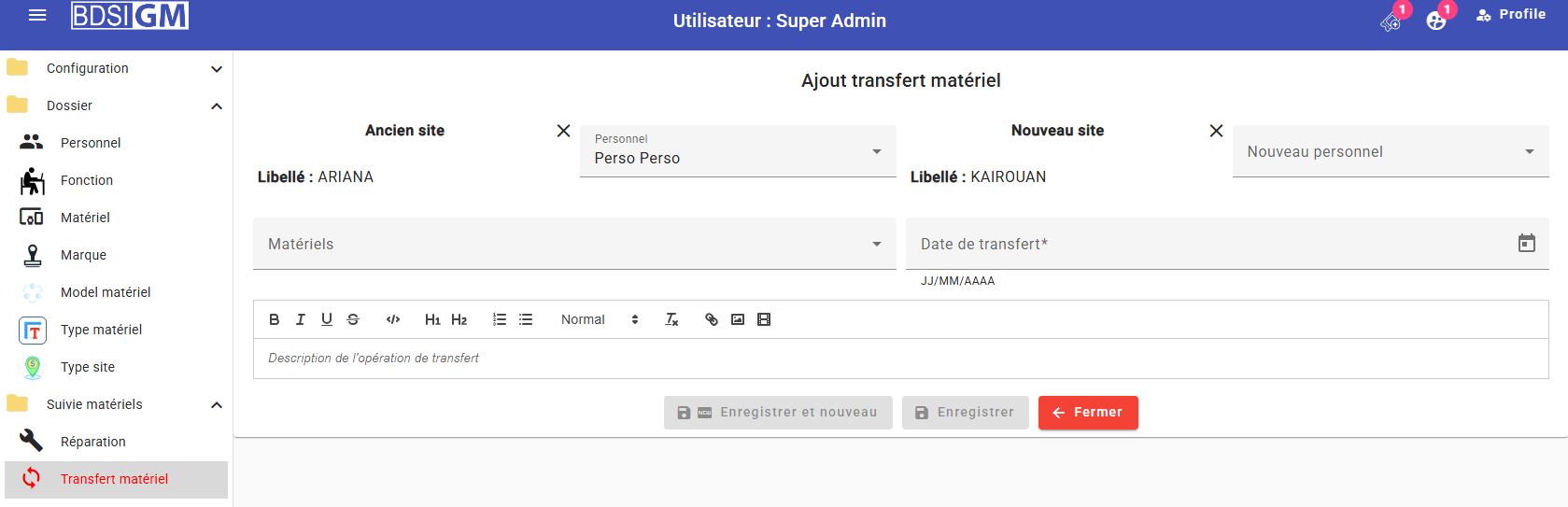 Photo des transferts du matériel